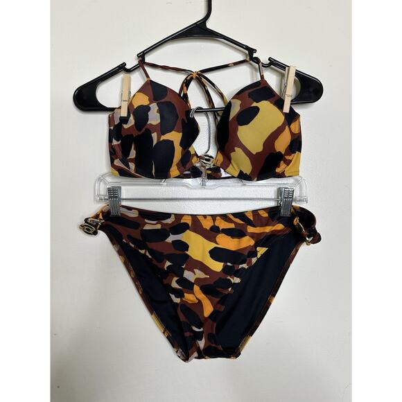 Victoria’s Secret Camouflage Bikini Gold Maroon Back Top 36C Bottom Large Metal - Picture 1 of 13